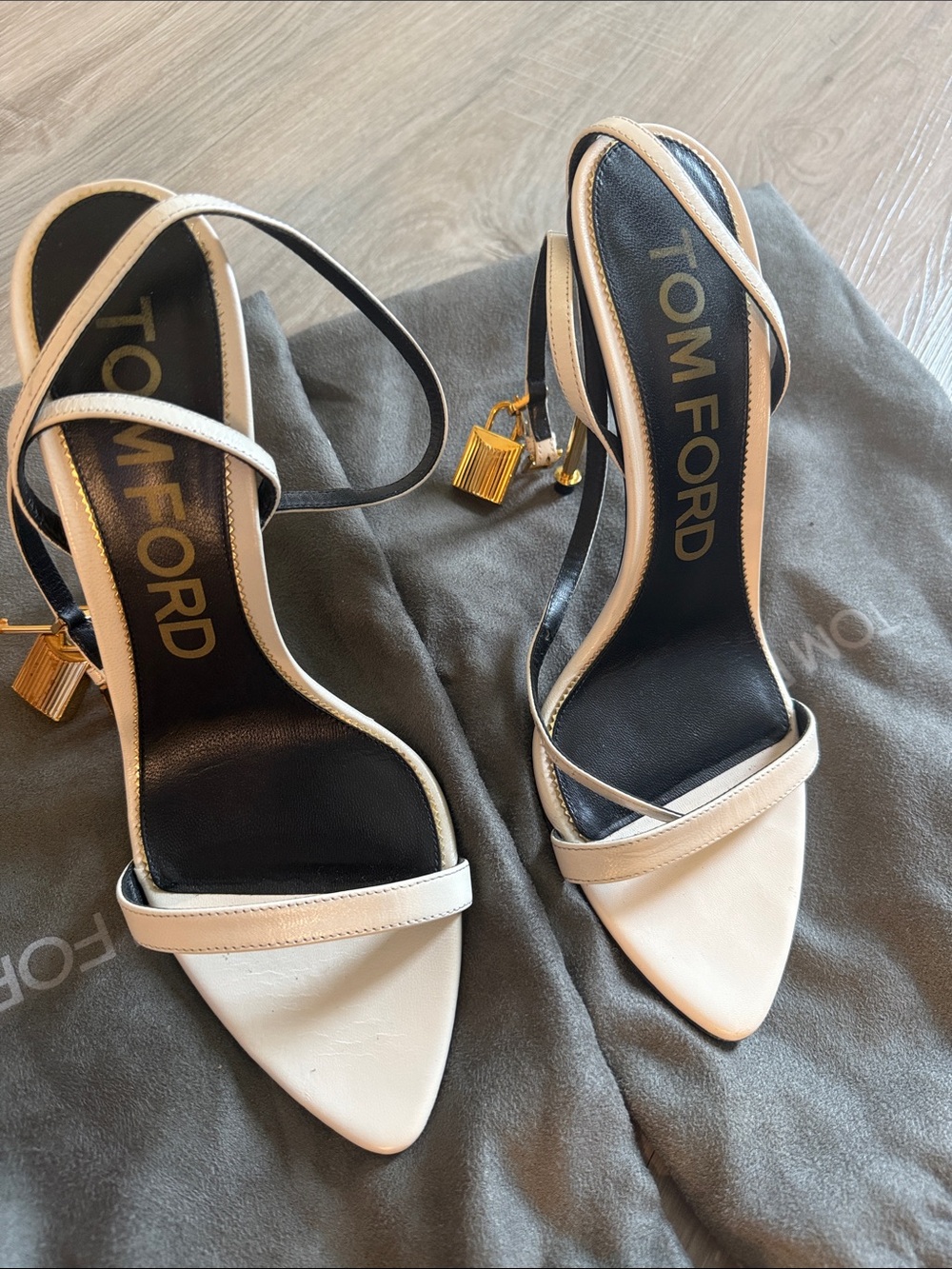 Tom Ford Black and White Leather Strappy Pointed-Toe Heels